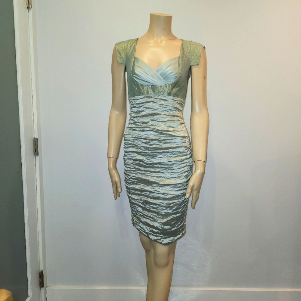 Nicole Miller Satin light blue shiny dress with gold accents size 0 NWT - Picture 2 of 11
